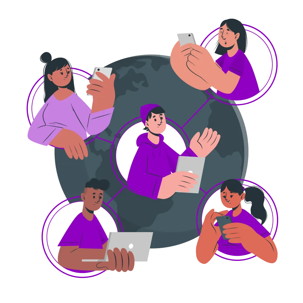 Illustration of diverse people using digital devices around the globe, representing global engagement and online connection