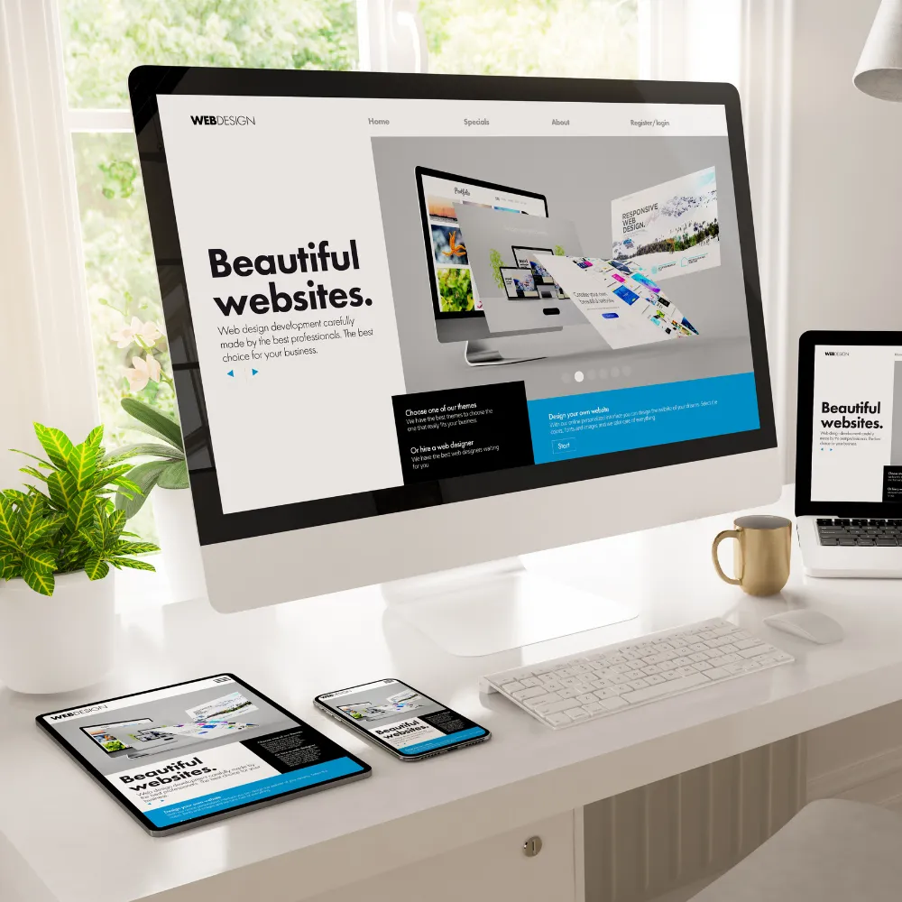 Responsive website design displayed on desktop, laptop, tablet, and smartphone on a modern workspace